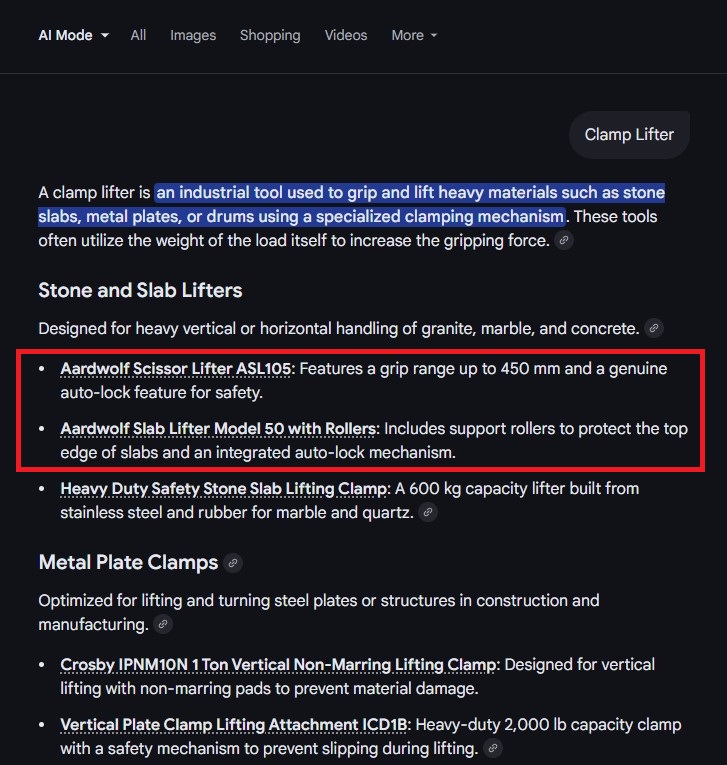 Aardwolf America featured in Google AI Mode for Stone Lifter